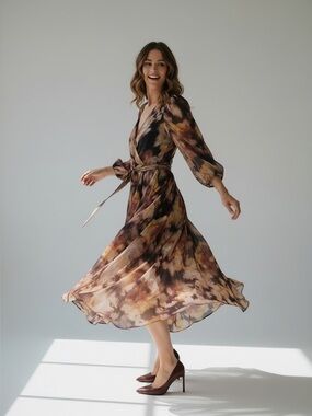 DKNY Multi-Color Abstract Wrap Midi Dress with Long Sheer Sleeves